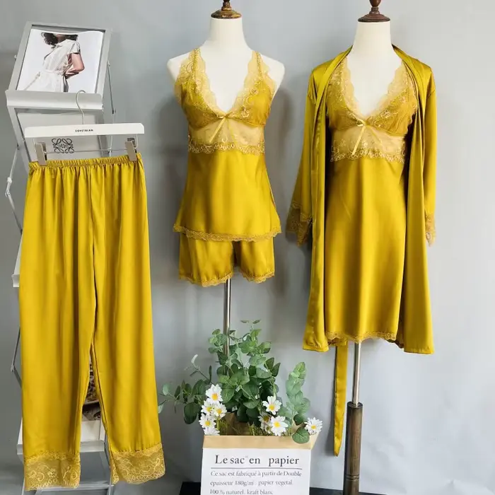 Biela saténová nočná bielizeň, svadobné šaty, sexy nočná košeľa, čipka Kimono, Župan, nočné oblečenie, domáce šaty, oblečenie do obývačky, 5 kusov