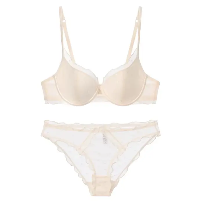 Ensemble de lingerie deux pièces en dentelle française à pois, avec effet de rassemblement et de lif