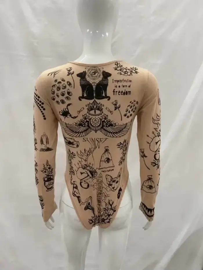 Dlhorukávové body s potlačou tetovania nude pre ženy, Y2K strih