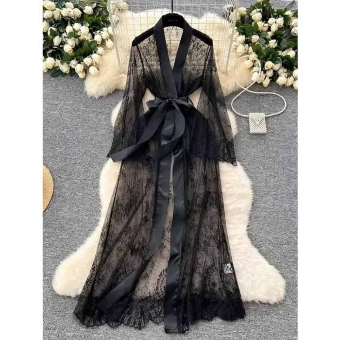Pyjama sexy en dentelle pour femme, robe de nuit en résille, ensemble transparent à manches longues 