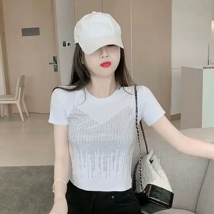 T-shirt à manches courtes pour femmes, 100% coton, coréen, chic, mince, col rond, solide, haut court