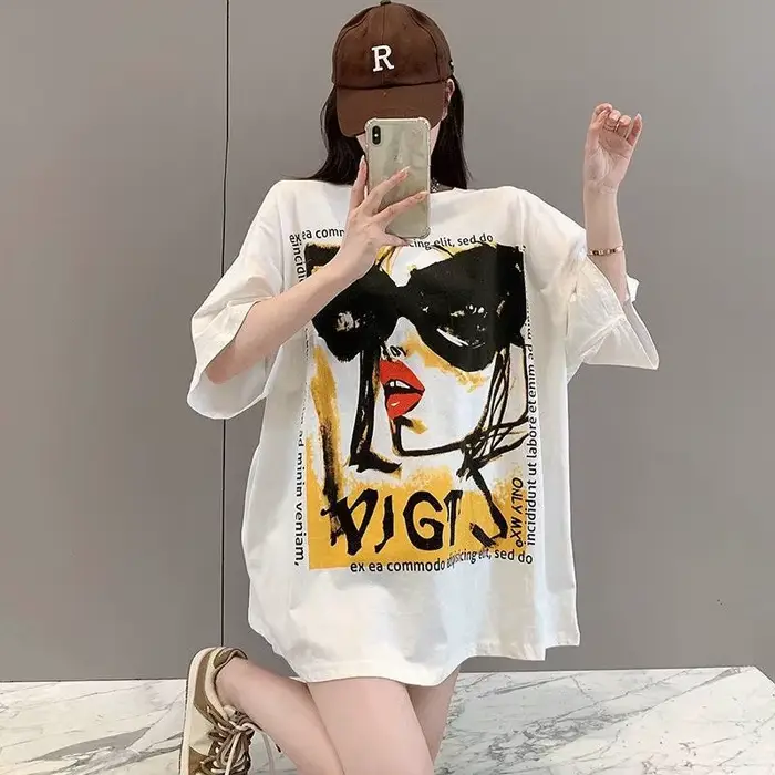 100% coton T-Shirt femmes tendance mode perles T-Shirt coréen dessin animé à manches courtes hauts f
