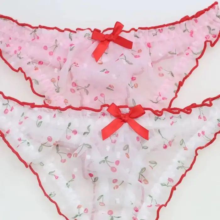 Sissy rose cerise mousseline de soie mignon string femmes taille moyenne nœud transparent érotique t-back culotte doux string à volants doux slips Lingerie