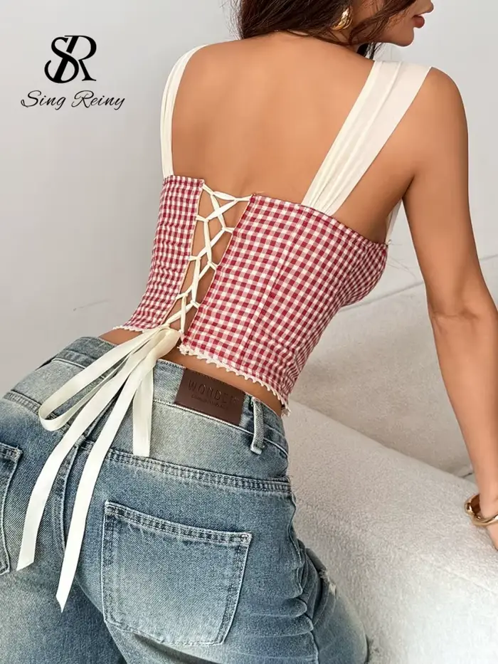 Camisole Singreiny Gingham Plaid Vintage Lingerie pour Femmes Occasions Spéciales Festival Musique Été Style Américain