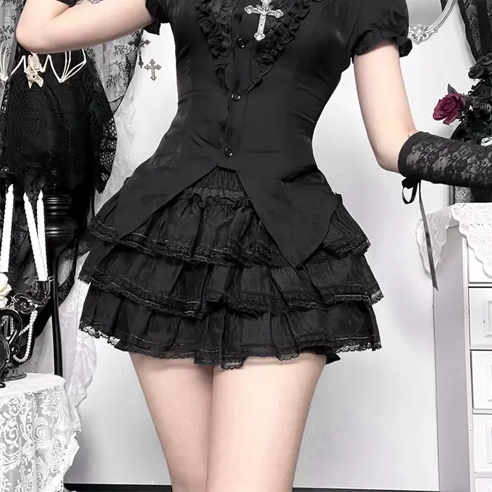 [You're My Secret] Mini-jupe gothique noire sexy plissée multicouche en dentelle, style Lolita, tenu