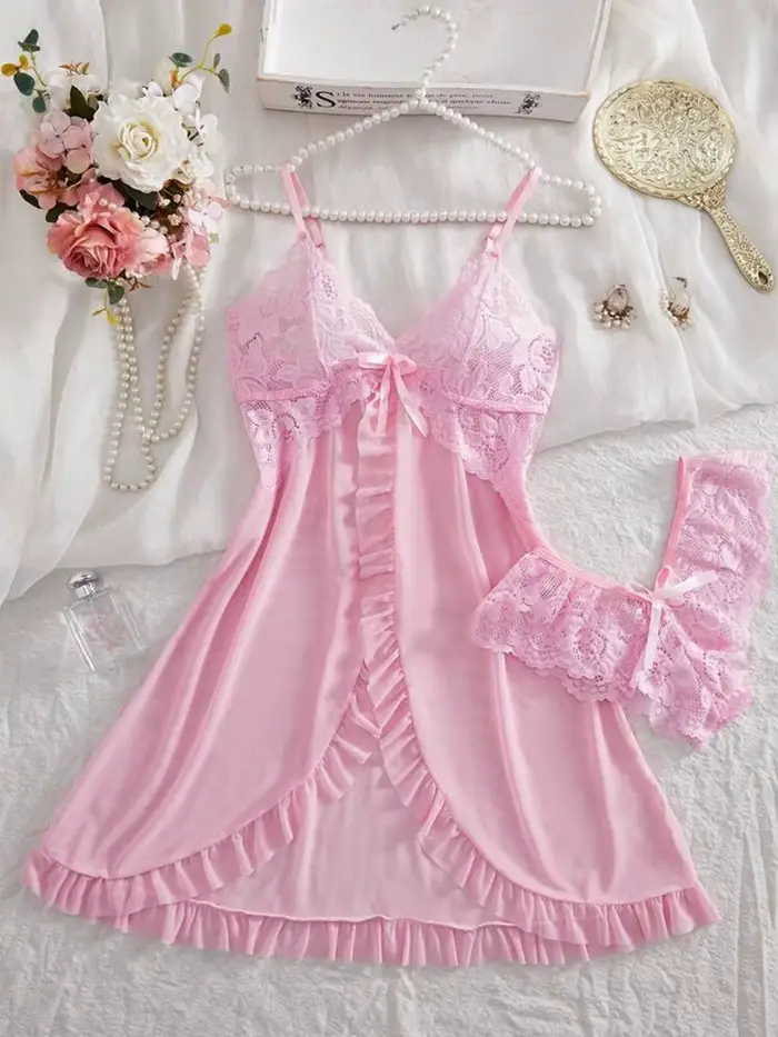 Ensemble rose pour femmes, Lingerie tanga Sexy, chemise de nuit Teddy, pyjama féminin exquis, col en
