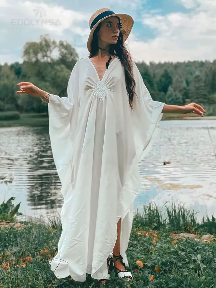 2025 pevný výstrih do V netopierie rukávy veľká veľkosť Maxi šaty voľné pre ženy leto pláž nosenie kaftan dlhé