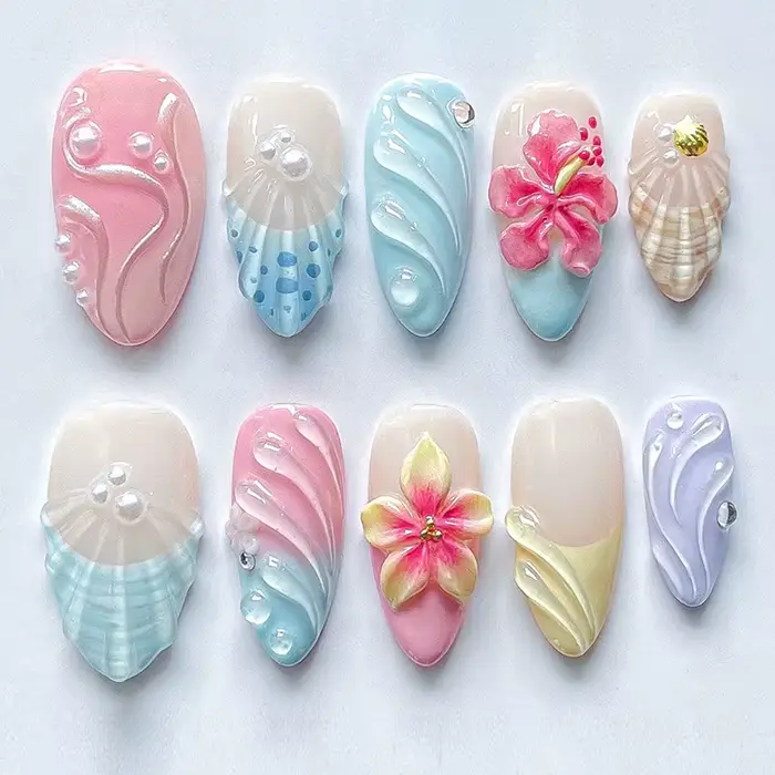 24 pièces doux Cool amande ensemble d'ongles presse sur ongles acryliques 3D Floral papillon faux on