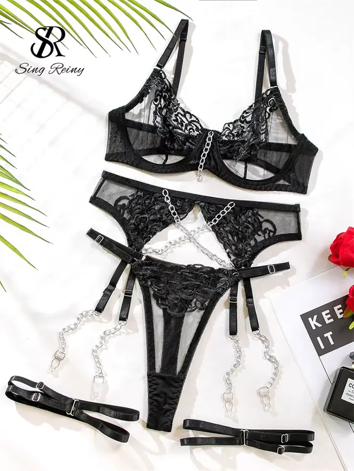 SINGREINY výšivka priehľadný Spodná bielizeň kostým dámy Kvetinové Shapewear Porno Americký štýl reťazec dizajn čistý erotické spodné prádlo