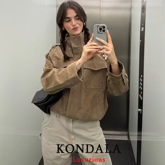 KONDALA Chic daim femmes Bomber veste femmes à manches longues poches droite manteau ample mode 2025