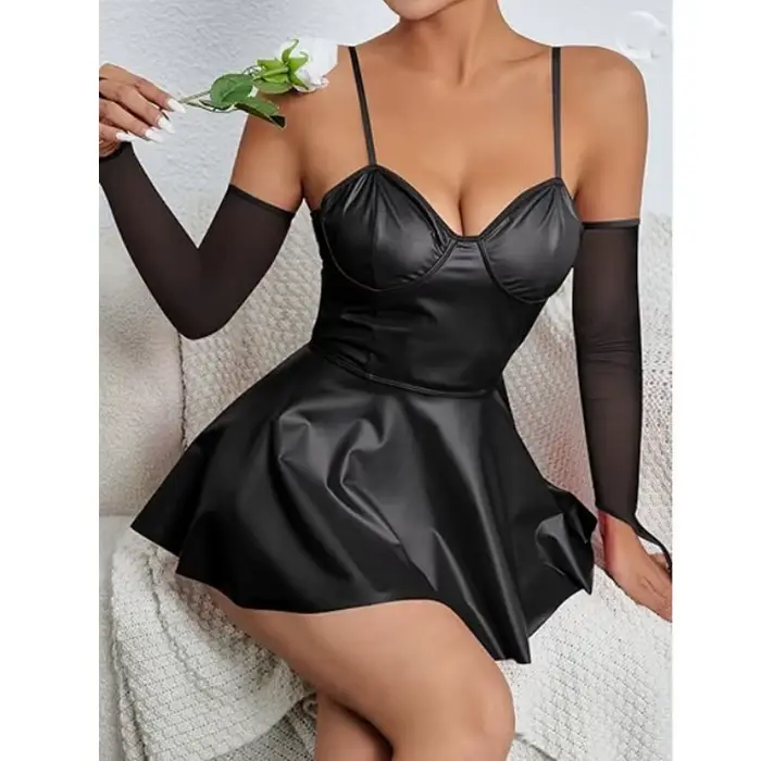 Veľká veľkosť pre ženy Sexy Wetlook kožené šaty s lesklými ramienkami Latex erotické