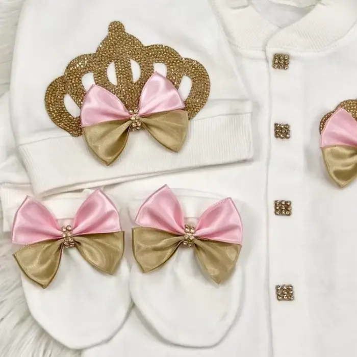 Combinaison à jambes longues pour nouveau-né 0-9 mois, ensemble de 4 pièces, blanc, rose, or, couron