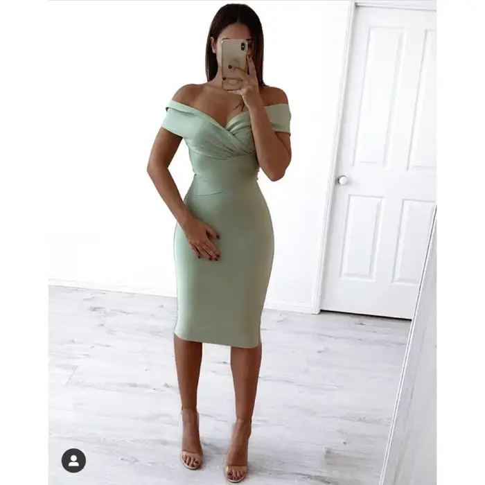 Moonccloset nové leto 5 farieb Sexy módne ženy holé ramená šaty zelené nočný klub večerné