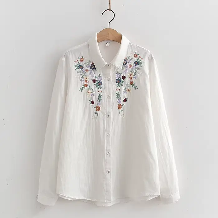 Chemise brodée de fleurs en fil double couche pour femmes, chemisier en coton femme, manches longues
