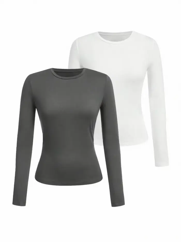 T-shirt femme manches longues couleur unie - Tissu tricoté polyester, col rond, coupe régulière, sty