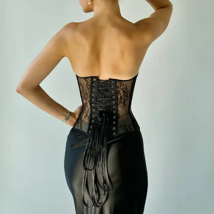 Oceľová kosť Korset Žena Hollow Out Bez ramienok Čipka Top bez ramienok Push Up Podprsenka Mesh Ženy Spodná bielizeň Čierna Biela Biege Korzet