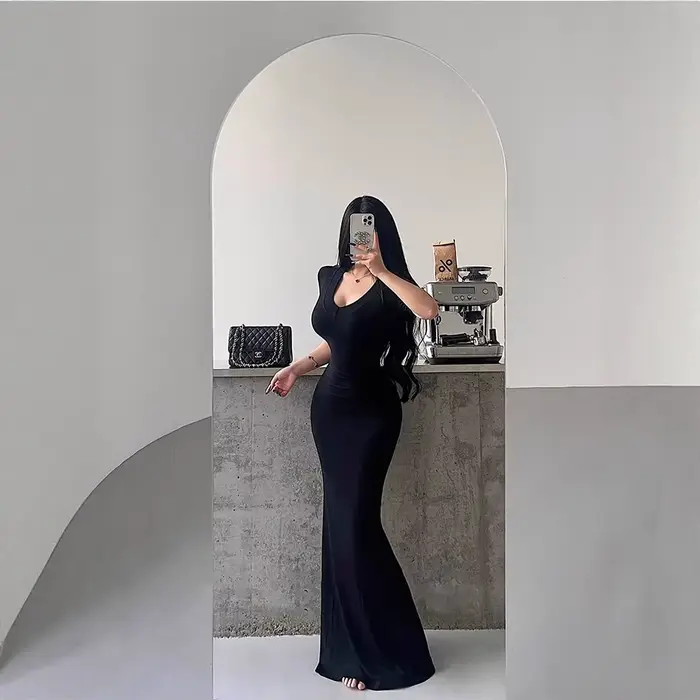 Kardashian Sexy manches courtes col en v minceur robe sirène longueur au sol portefeuille robe moulante femmes robe longue noire