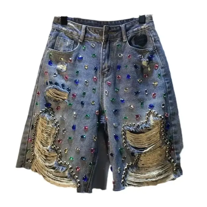Pantalon court d'été pour femmes, taille haute, avec trous, extensible, en détresse, diamants délavé