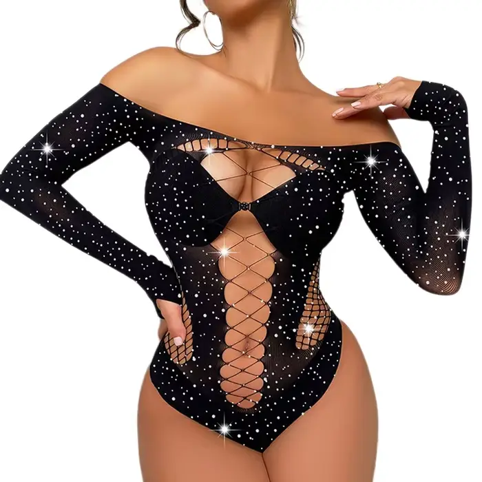 Vêtements transparents Sexy avec strass brillants, Body ajouré en résille, manches longues, dos nu, 