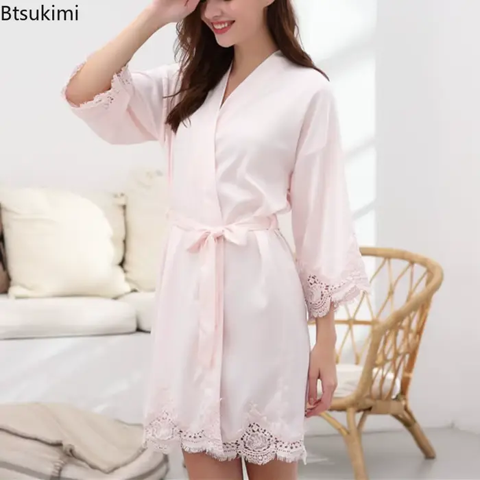 Dámske župany, pyžamo, jednofarebné, čipka, svadobné šaty, družičky, Kimono šaty, voľné, hodvábny satén, domáce oblečenie