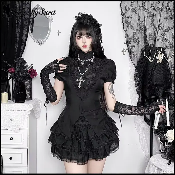 [You're My Secret] Mini-sukňa Čierna gotická sexy viacvrstvová skladaná čipka, štýl Lolita, dámsky outfit