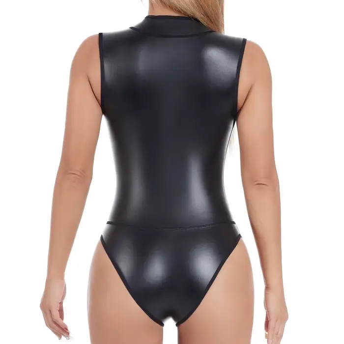 body Dámske Shaper, Sexy spodná bielizeň, Predný zips, vysoký krk, Faux kožená vesta, Performance uniformy na javisku, jednodielna kombinéza