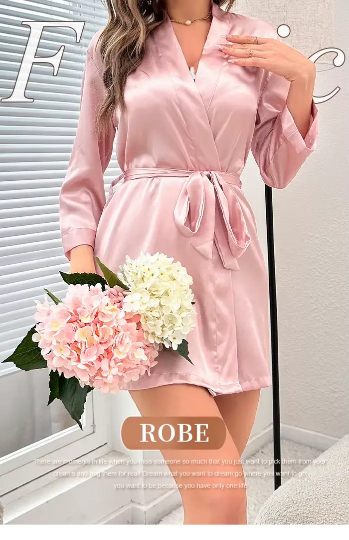 Pevná saténová nočná košeľa, elegantné domáce šaty na rukáv Mid-dĺžka a V-Neck s opaskom, dámske oblečenie na spanie