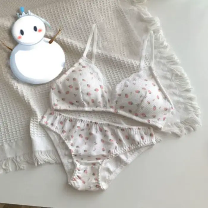 Ensemble soutien-gorge Cerise Fraise en élasthanne et polyester pour femmes, motifs floraux, trois quarts tasse, sans fil, Moyisu, occasions spéciales