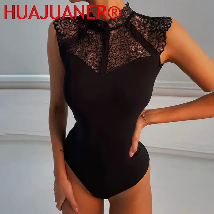 Čierna čipka body pre ženy v polyestere - sexy štýl a klub pre letné večery špeciálne príležitosti