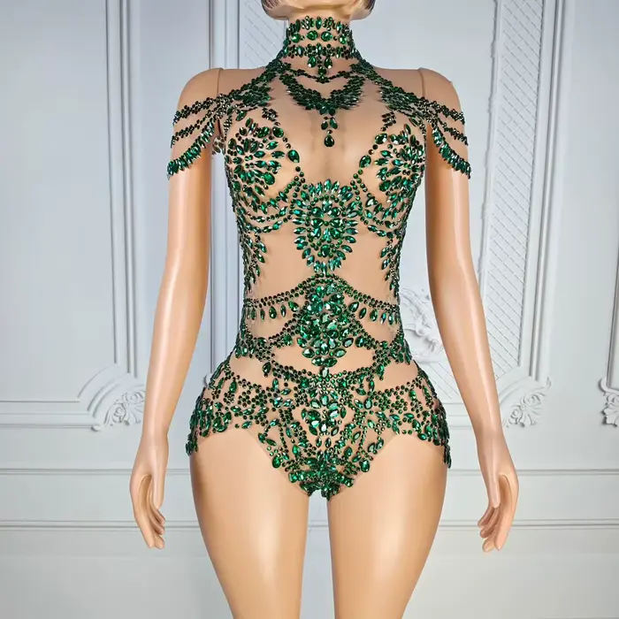 Justaucorps scintillant en strass pour femme, sexy, en maille transparente, pour soirée, spectacle d