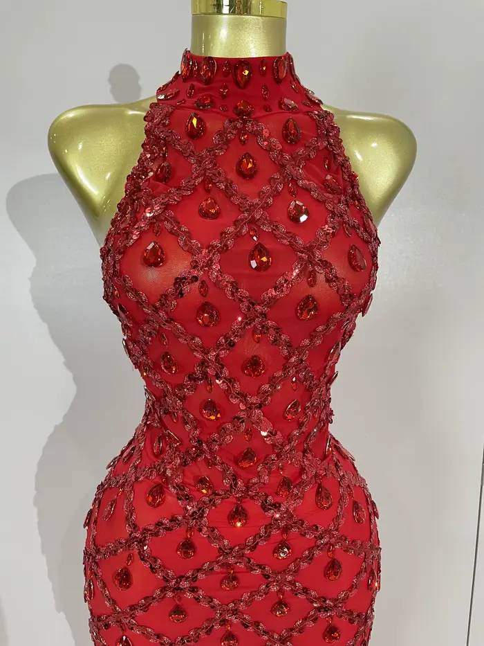 Luxe brillant rouge strass plume Sexy maille voir à travers longue robe femmes anniversaire soirée d