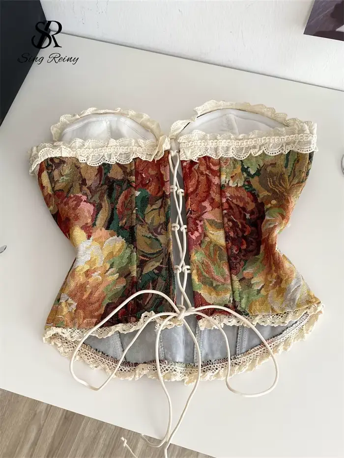 Haut Vintage Corset Imprimé Dentelle pour Femmes Occasions Spéciales Sorties Nocturnes Mode Élégante