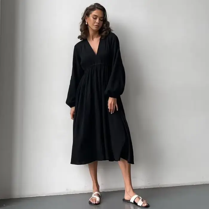 Robes élégantes en mousseline de coton pour femmes, manches longues, col en V, décontracté, fête, va