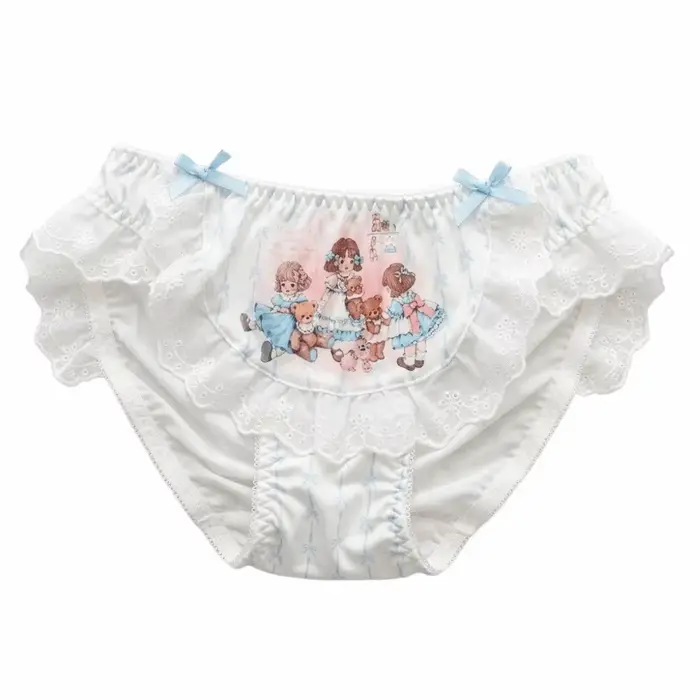 Culottes Quotidiennes à Imprimé Poupée et Nœud, Culottes Kawaii en Dentelle Style Lolita, Culottes à Entrejambe en Coton, Culottes à Volants Douces en Fibre de Lait pour Fille
