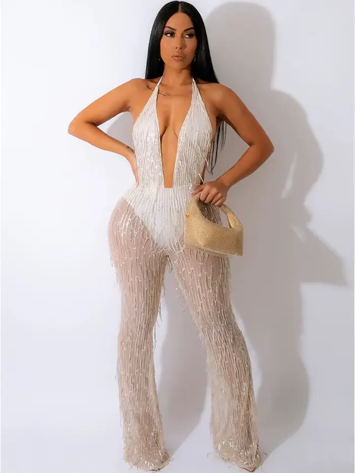 Barboteuse à paillettes pour femmes, combinaison Sexy à paillettes, dos nu, salopette en maille tran