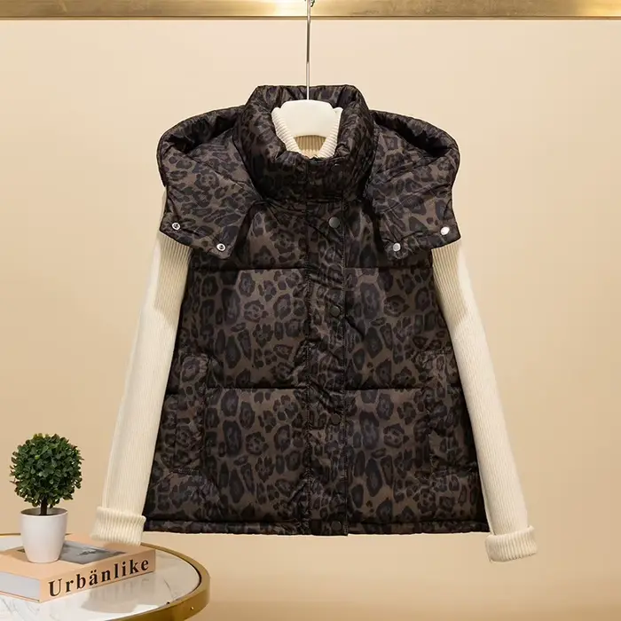 Gilet en coton imprimé léopard pour femmes, veste sans manches à capuche, mode américaine, manteau c