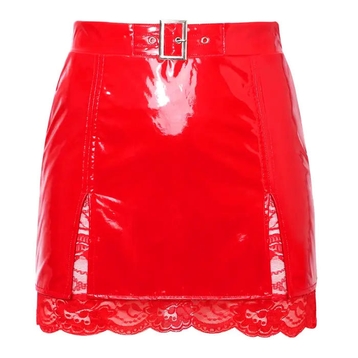 Jupe mini moulante en similicuir PU brillant pour femme, style latex, avec fente, effet mouillé, dou