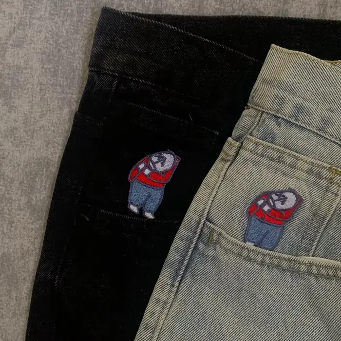 Y2K výšivka Baggy džínsy pre chlapcov ženy Streetwear gotické kreslené modré
