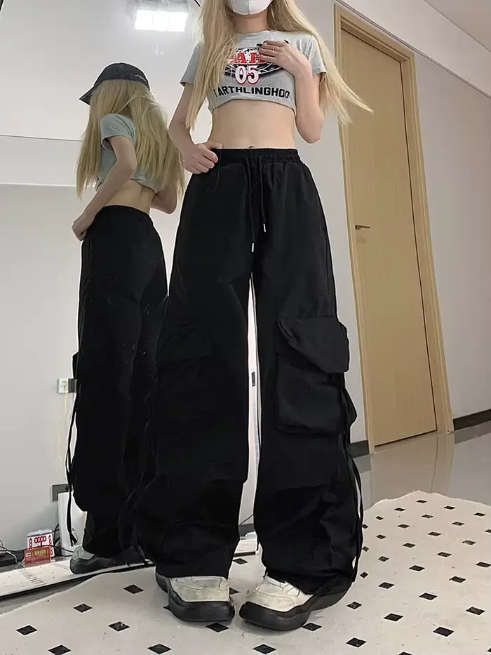 Zoki ružové streetwear cargo nohavice pre ženy voľné Harajuku Y2K rovné