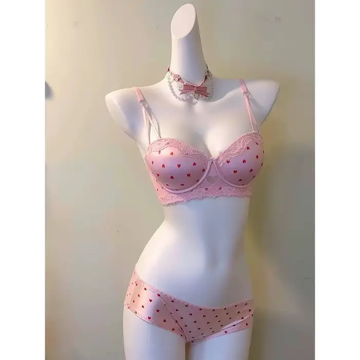 Sladké dievča srdce čipka Push-up podprsenka Set pre malé prsia, s bočným stojanom Anti-sagging, polstrované, spodná bielizeň, veľkosť 32-38