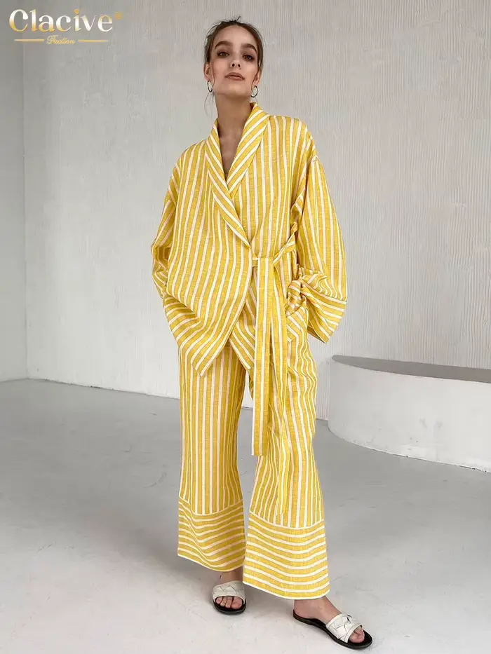 ClacMarkets-Costumes de maison à rayures jaunes décontractés pour femmes, ensemble 2 pièces, chemise
