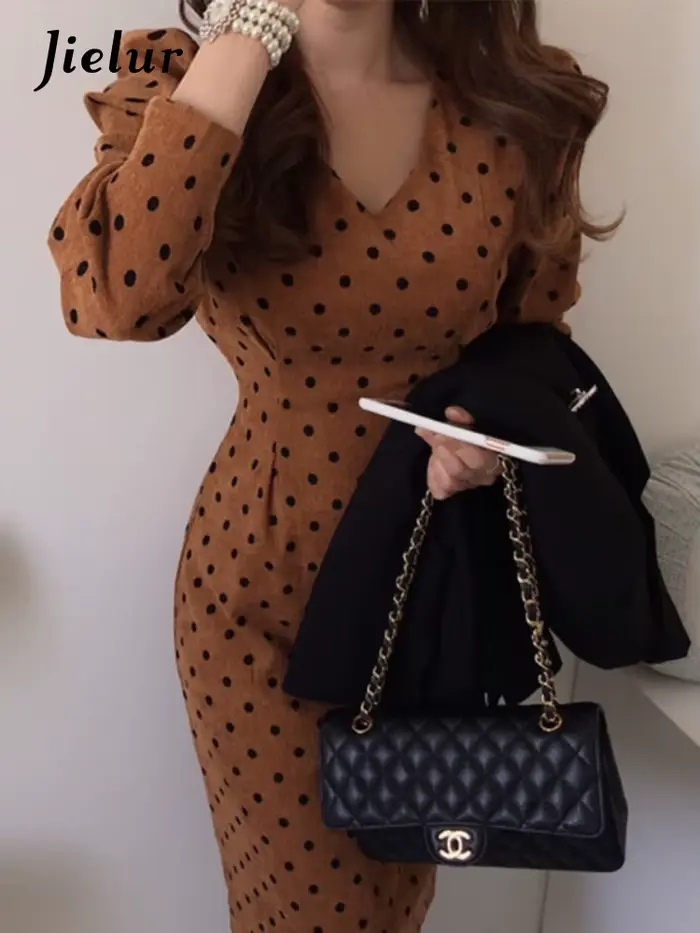 Jielur - Elegantné vintage rebrované zamatové šaty s bodkami pre ženy