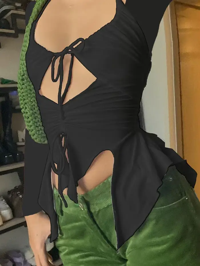 Cenné biele obväzy s volanty a rezy, výstrih, blízkosť Wstring, Wlwear, sexy estetika, Y-móda, 2023