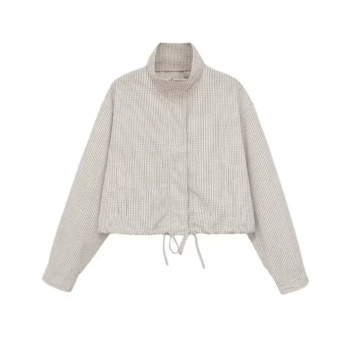 Veste Courte à Carreaux pour Femme ETJ, Col Montant, Manches Bouffantes, Coupe Oversize avec Ourlet 