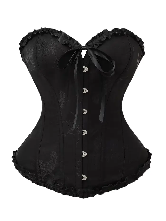 Corset élégant noir en jacquard avec volants, boucle avant et liens arrière, idéal pour les soirées,