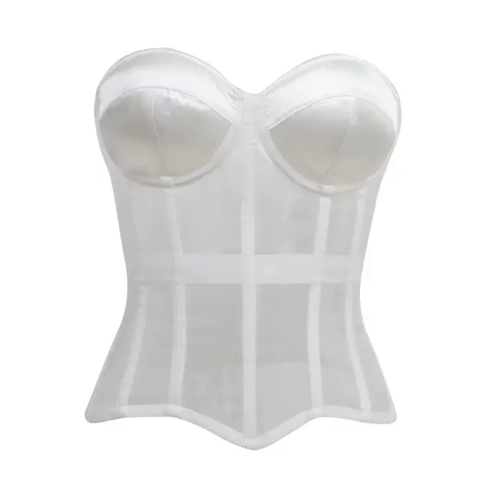 Haut corset sans bretelles en maille transparente pour femme, décolleté cœur, dos lacé, avec baleine