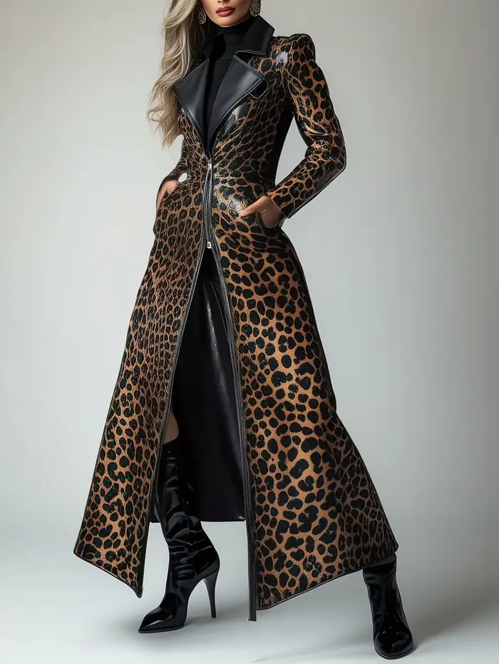 Ženský polyesterový trenčkot s leopardím vzorom pre ženy, ležérny a elegantný pre každú príležitosť