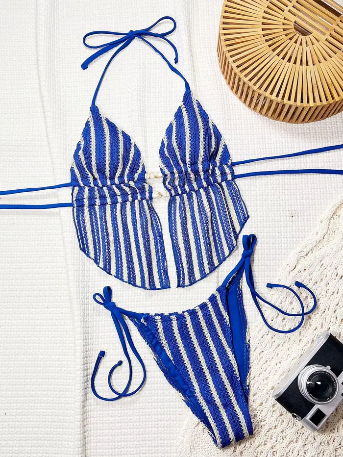 Vintage trojuholník 2026 modré pruhované dvojdielne bikiny zdobené kameňmi push-up top krátke plážové plavky pre ženy špeciálne príležitosti