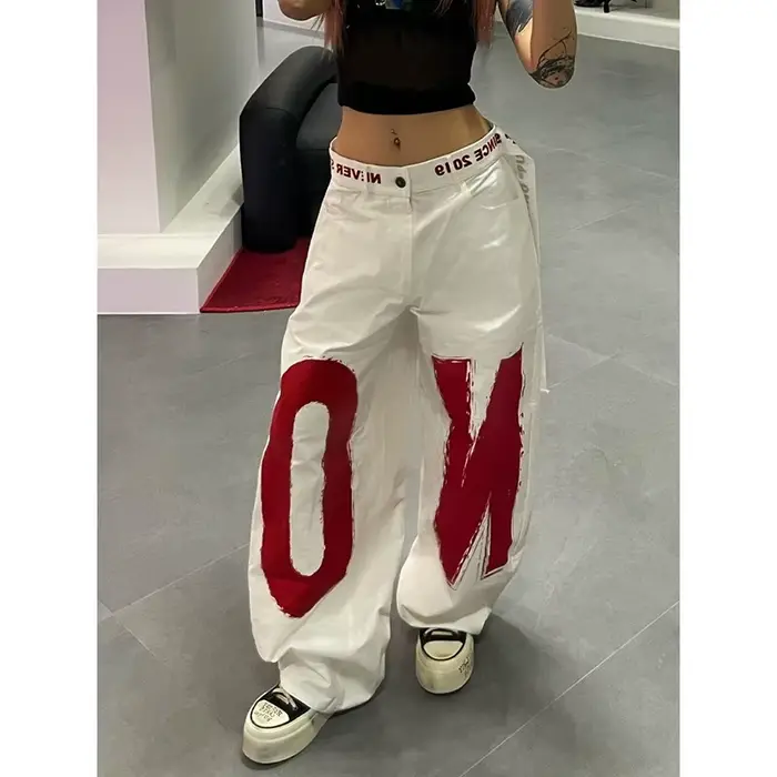 ZHIZOU femmes blanc lettre imprimer Y2k Baggy jean 2000s Style Denim pantalon Harajuku Vintage surdi