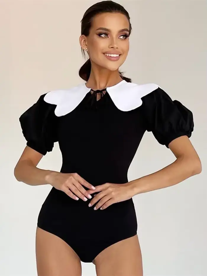 Body une pièce à lacets, Lingerie florale, Sexy, col blanc, haut noir, tenue Rave pour femmes, manches courtes, vêtements Y2k